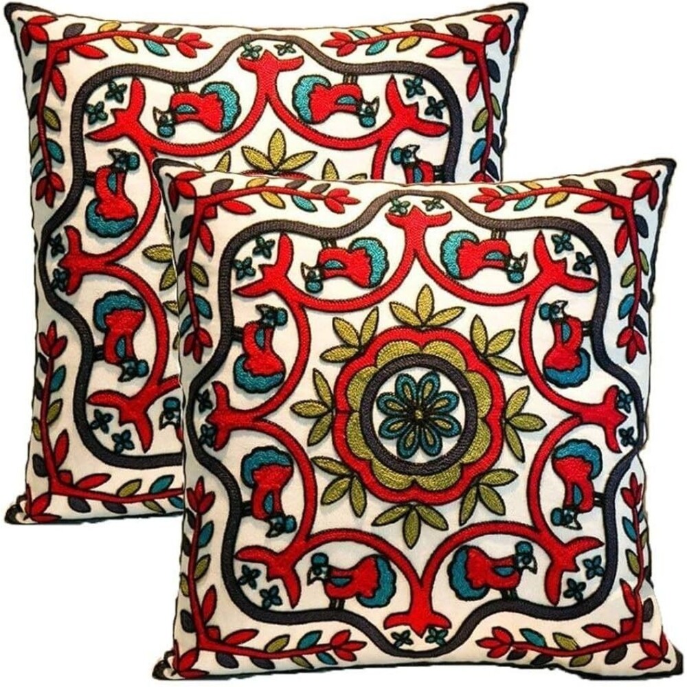 18x18 Embroidered Pillow Covers Folk Art Birds Floral Boho Multicolor NEW 2